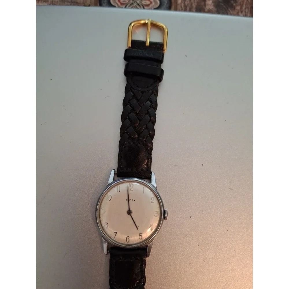 Timex Mens Manual Wind Up Watch. Chrome Plated, New Black Braided Leather Band.